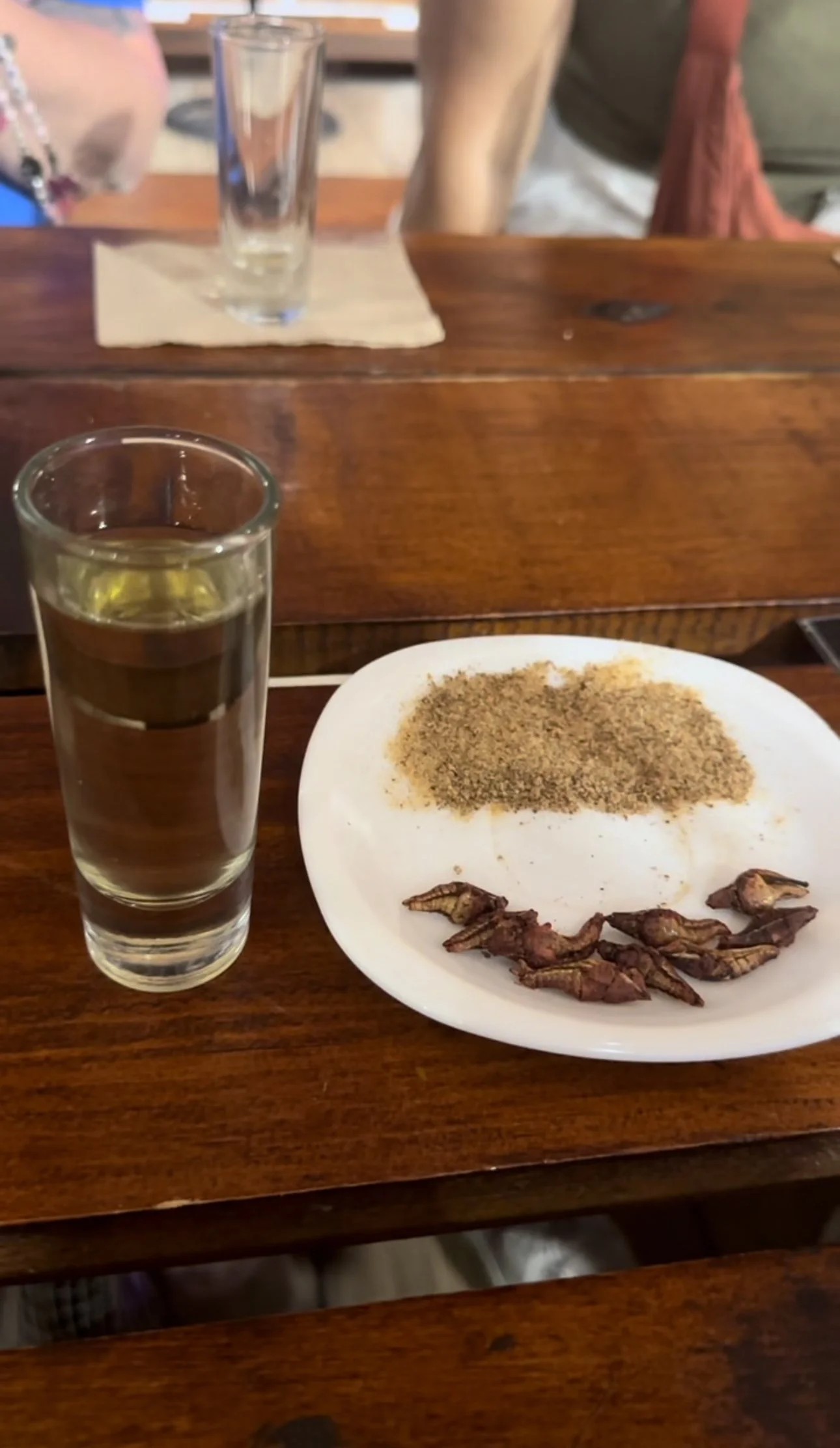 seasoned salt, pan-fried crickets, shot of Mezcal in Mexico City
