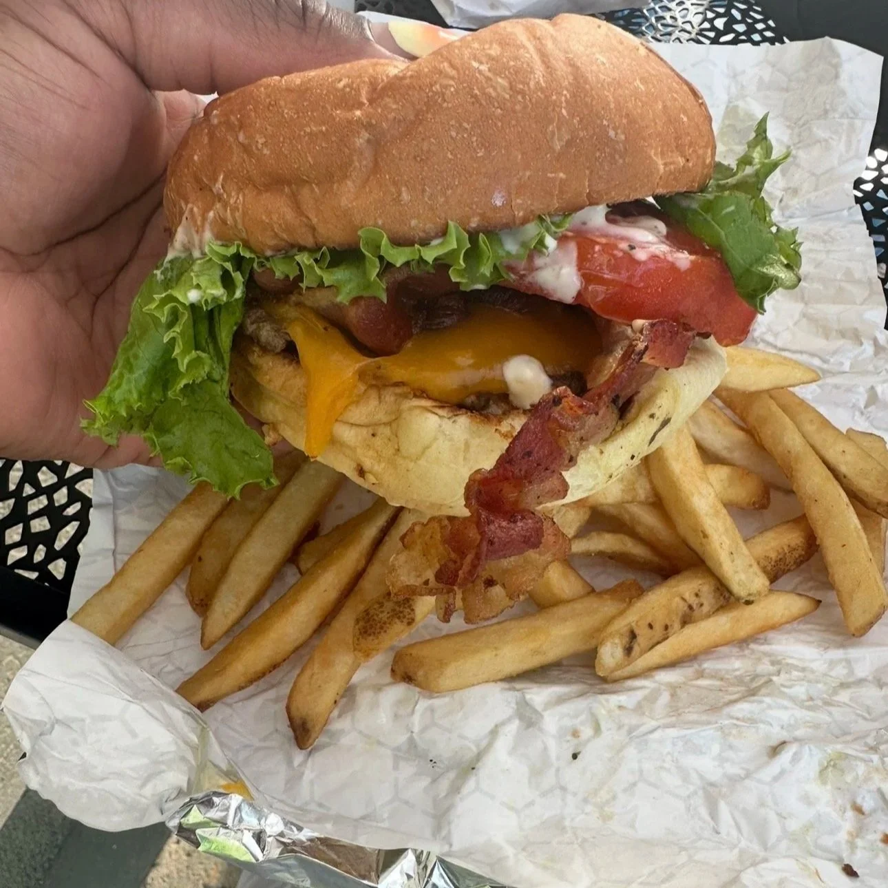 bacon cheeseburger and fries from Burger Shack, Grand Cayman