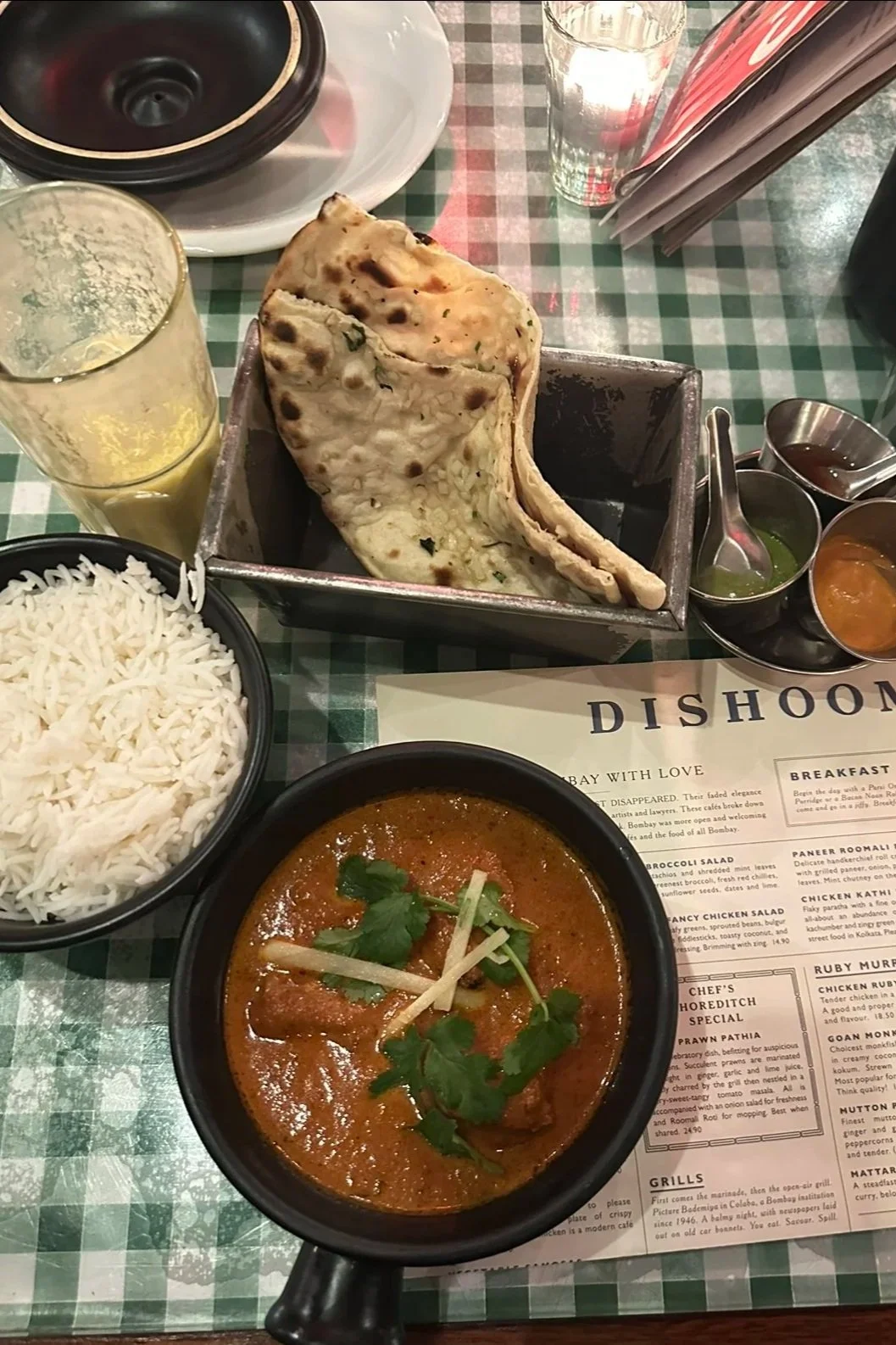 chicken ruby dinner with basmati rice and garlic naan from Dishoom London