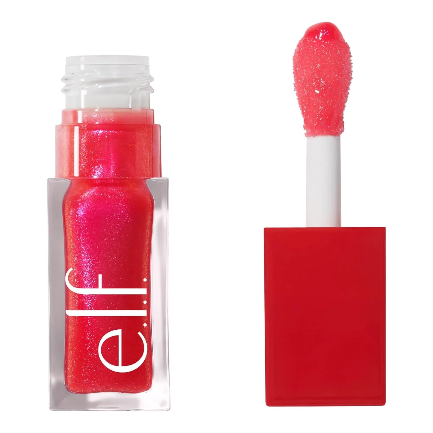 A tube of pink lip gloss with the applicator wand removed, showing the applicator with pink gloss on it.