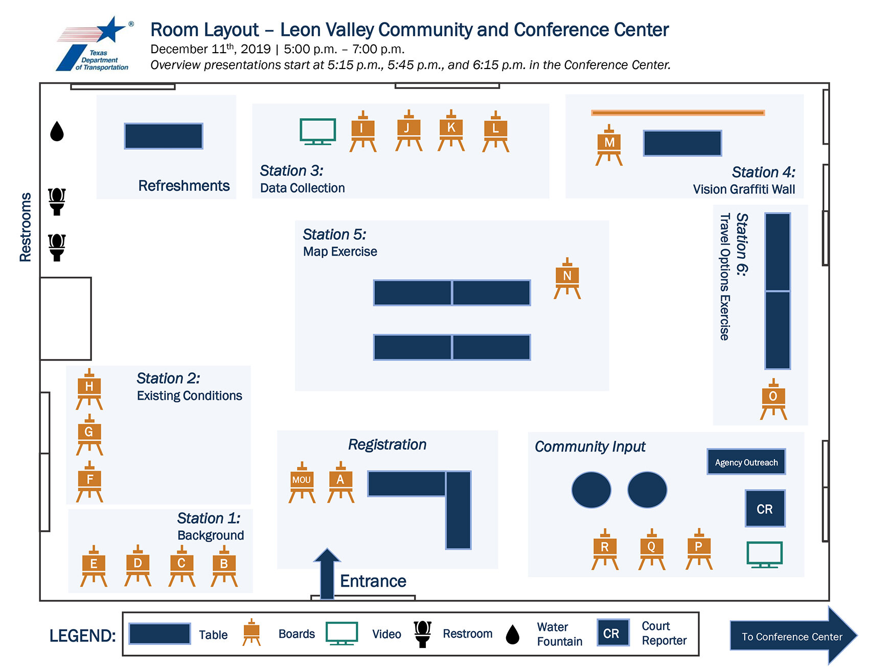  The layouts for the two venues hosting the in-person public meetings have been provided to illustrate how information was presented to the public. 