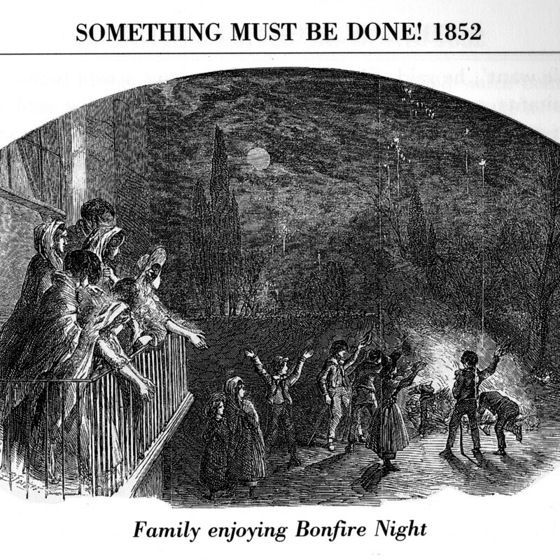 Illustration showing Victorian scene with people enjoying the bonfire in the street.
