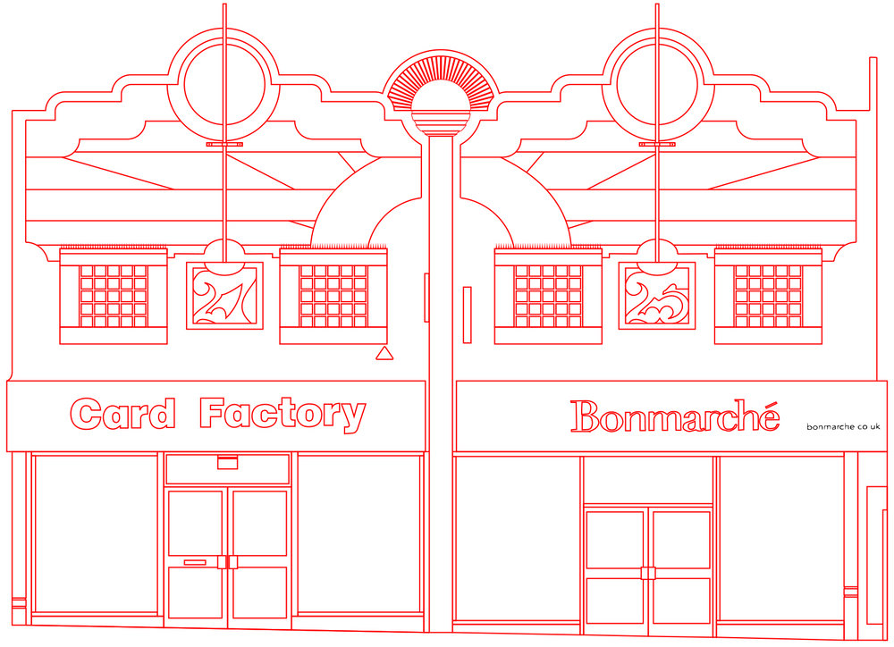 An Illustration of the Card Factory and Bonmarche building in Ramsgate, illustrated by Fynn Ballantine