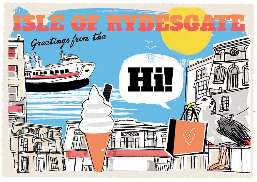 'Isle of Rydesgate' official postcard front designed by Kavel Rafferty