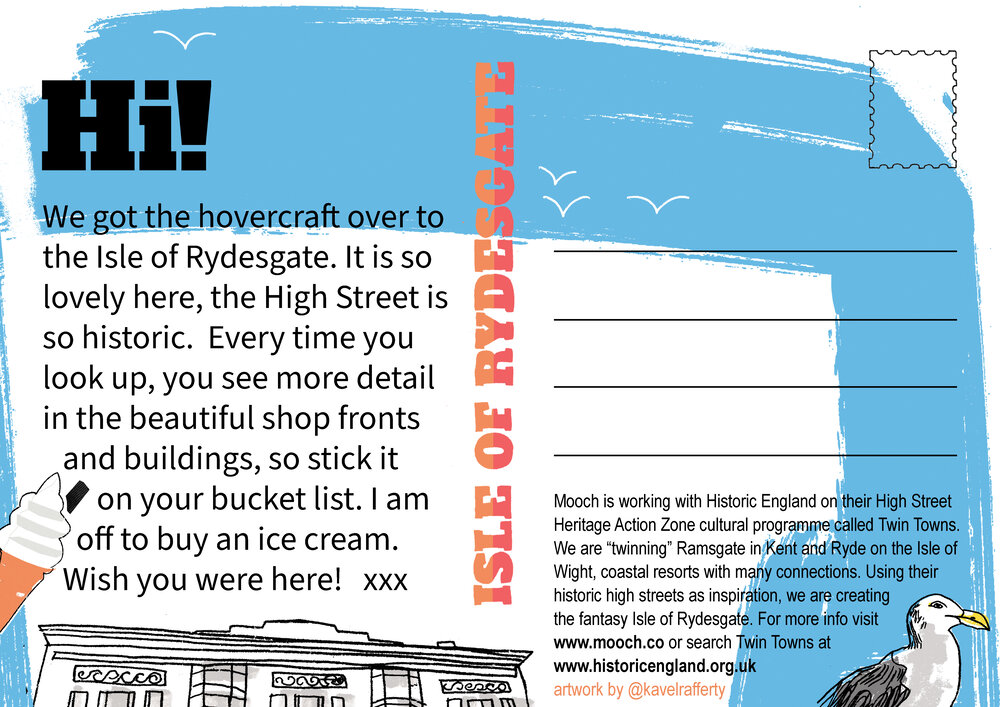 'Isle of Rydesgate' official postcard back designed by Kavel Rafferty