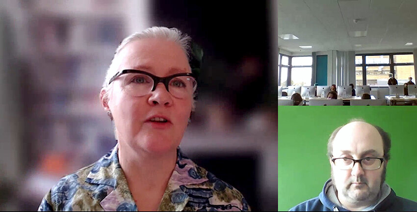 Theresa Smith and Dan Thompson on a Zoom call with art and design students from Broadstairs College