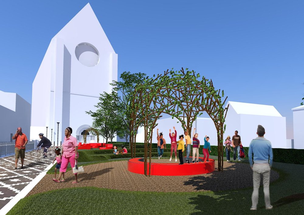 View towards church of proposed garden with new circular seating and green arbour