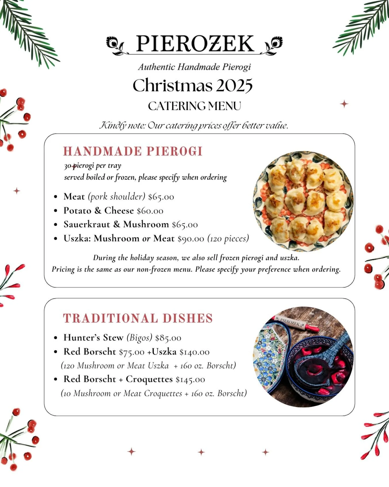 We are now accepting holiday catering orders!

Please place your orders by 12/19. Our full menu is also available. 

Use the #linkinbio or email us at catering@pierozekbrooklyn.com

P.S. It&rsquo;s not too late to be the office hero, pierogi are a bi