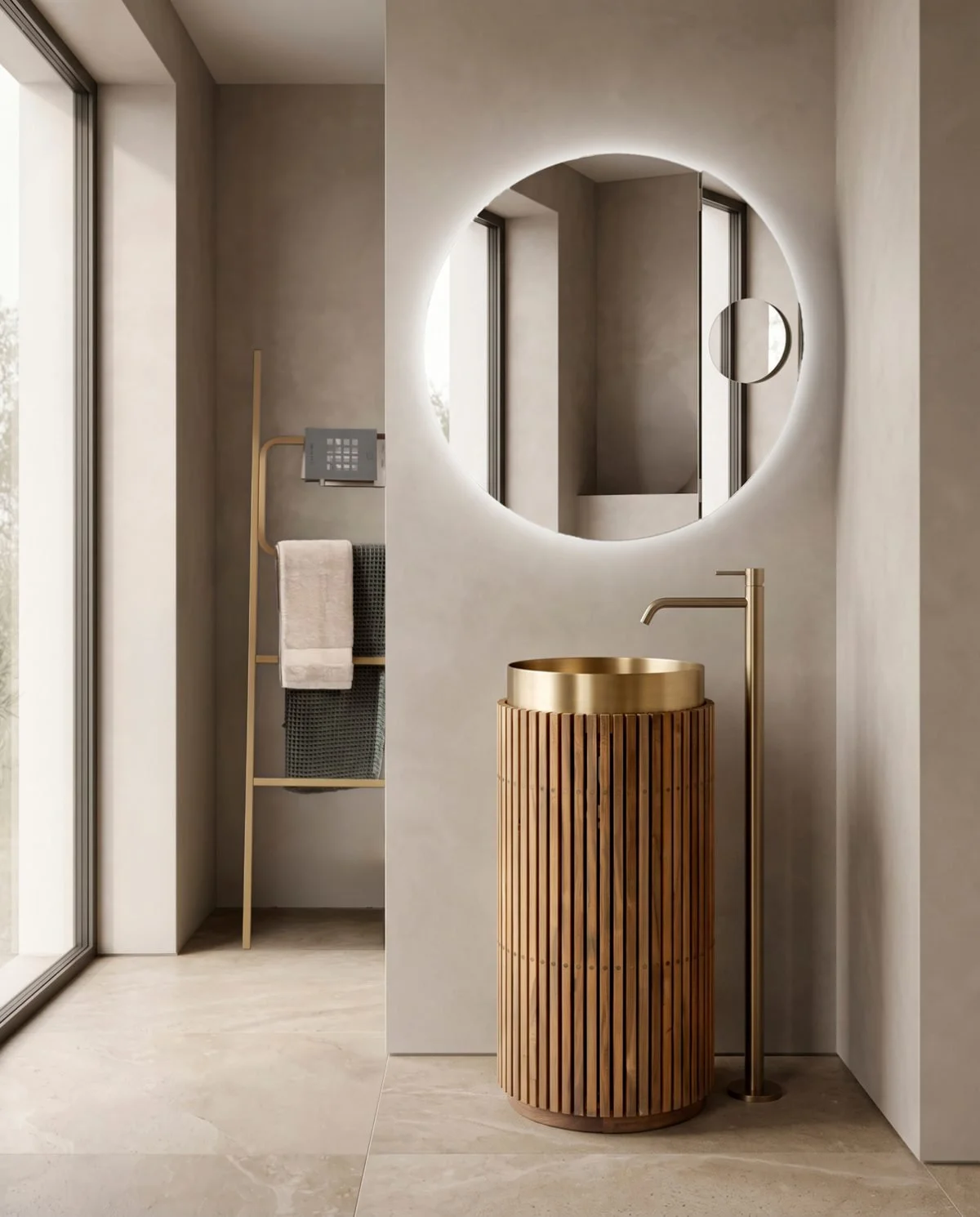 Cipì Shield Round, base in legno freestanding per lavabi