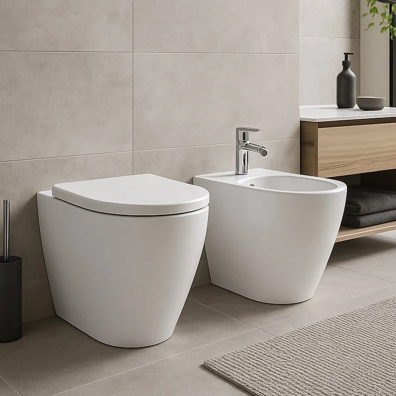 Geberit sanitari serie iCon Bidet e WC traslato, a pavimento, filoparete, fissaggi nascosti, Rimfree