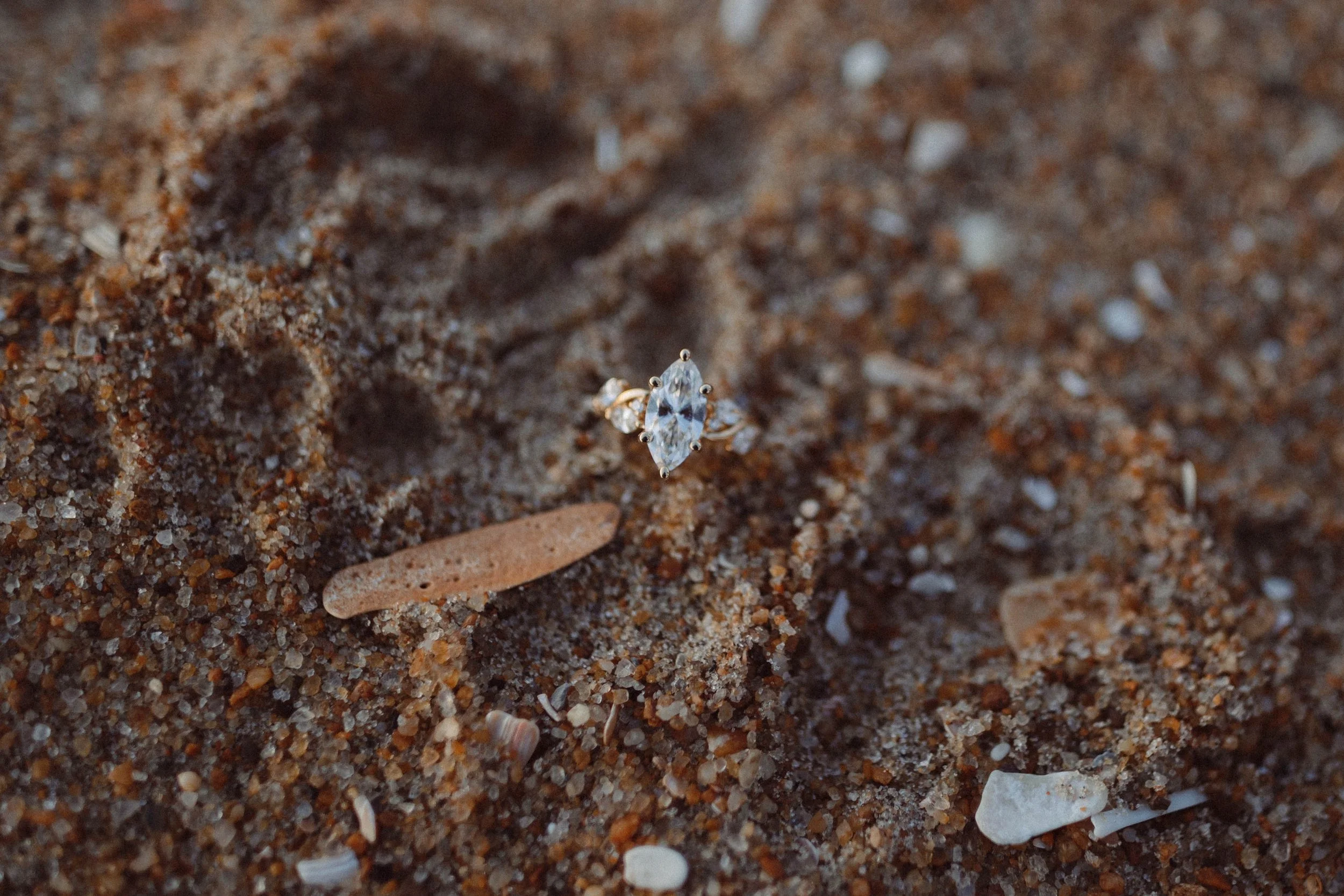 engagement ring planted in the sand at Virginia Beach oceanfront alongside seashells