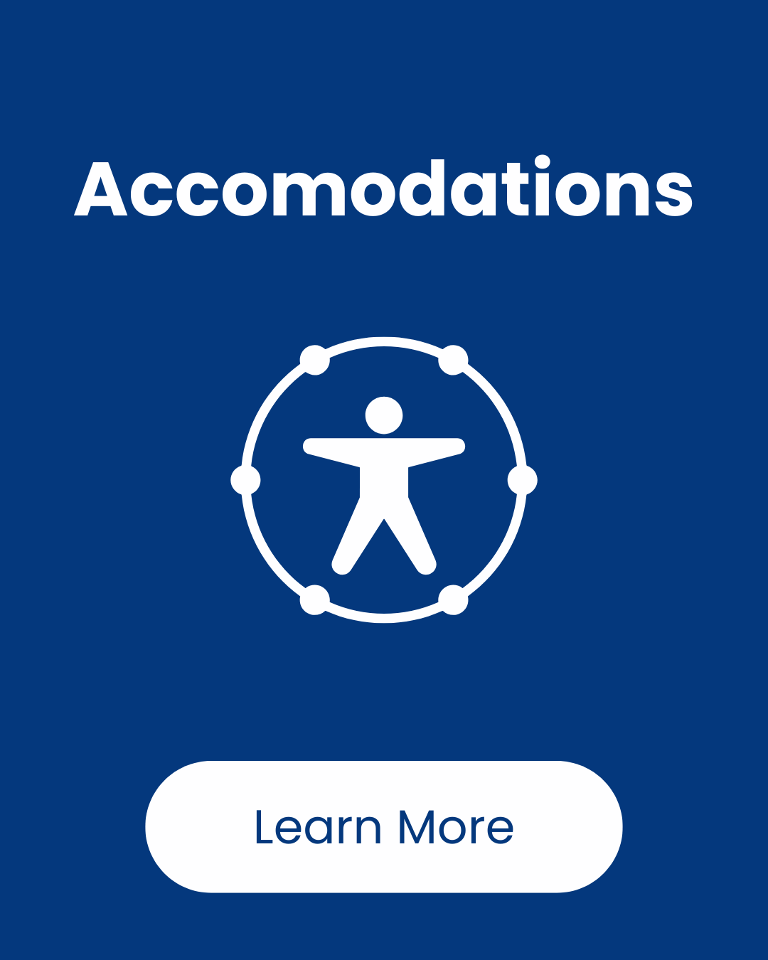 Blue screen with the word 'Accommodations' and a white icon of a person within a circular connecting dots, and a white 'Learn More' button.