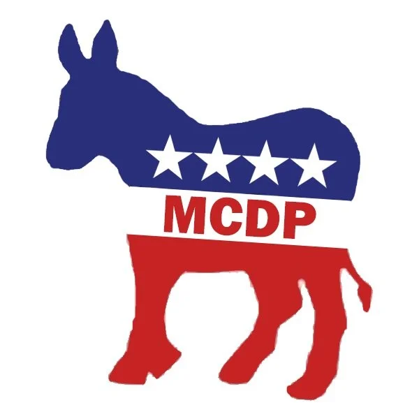A donkey silhouette divided horizontally with the top half in blue and white stars, and the bottom half in red with 'MCDP' written on it, resembling a political party logo.