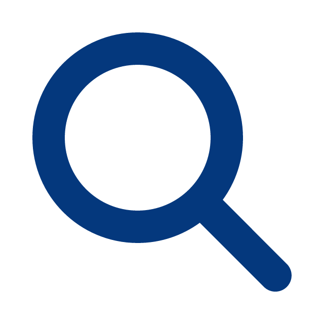 Magnifying glass icon in dark blue on a black background.