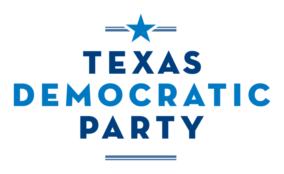 Logo with a star and lines above and below the text 'Texas Democratic Party' in blue.