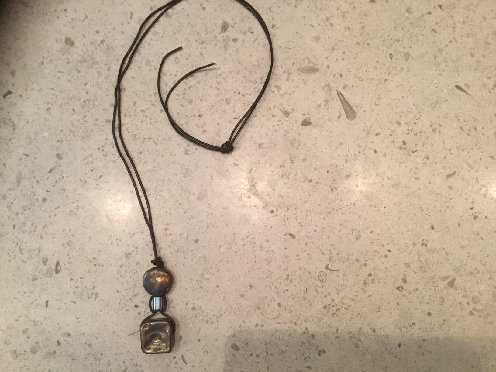 Bronze Ceramic Beads - 1 square &amp; 1 round, with silver fitting on brown leather