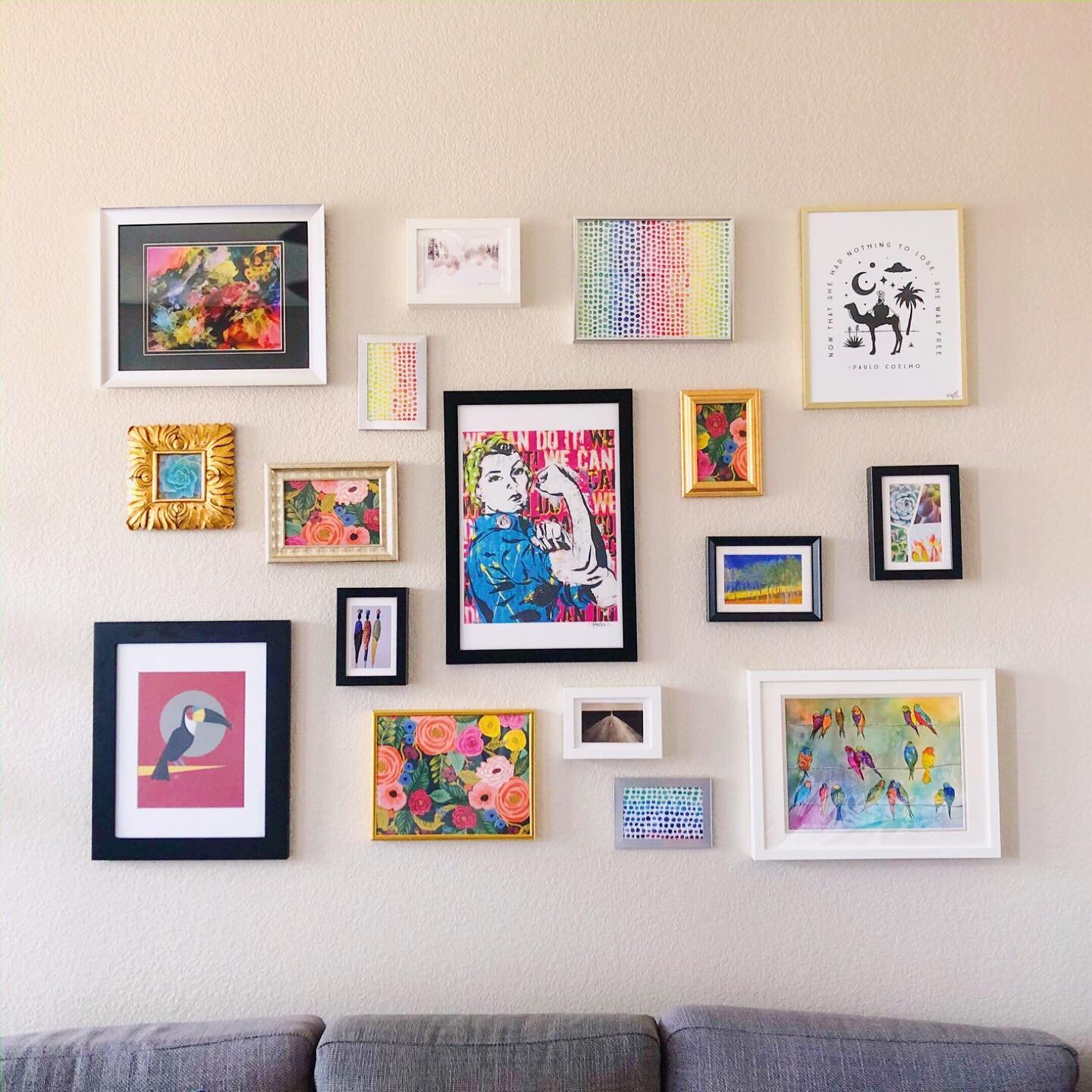 #tbt to helping my client create this (budget-friendly) girl power gallery wall. She says it immediately made her house feel like a home, and seeing it everyday makes her smile!
⁣
ART:
- Art from local shops and galleries:
&nbsp;&nbsp;&nbsp;&nbsp;@gr