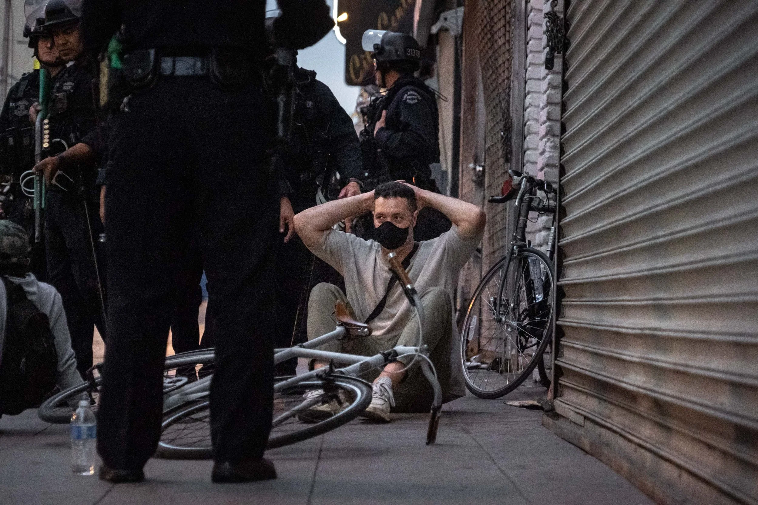  Protestors wait in preparation for arrest in downtown Los Angeles.    June 10, 2020 