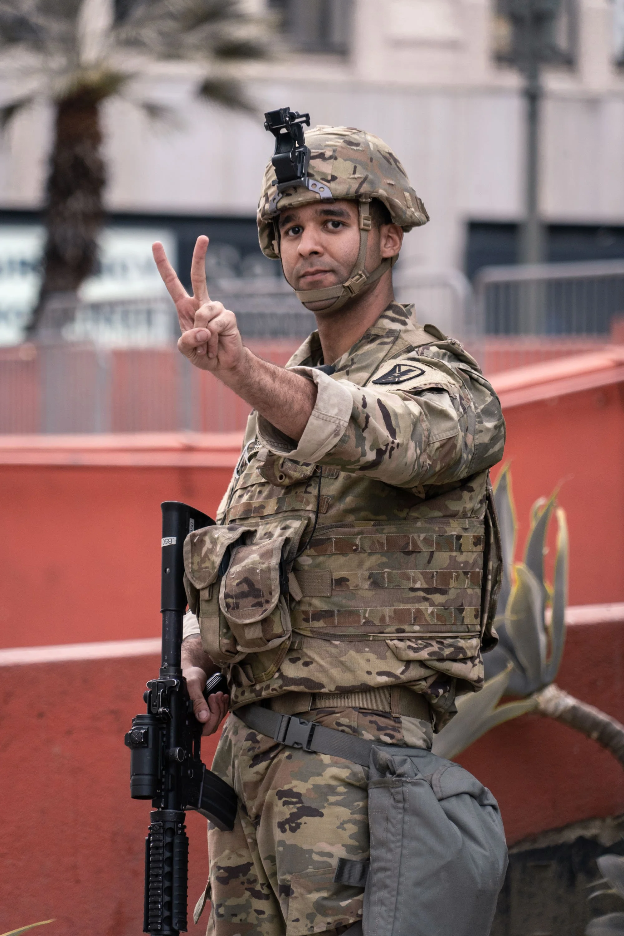  A National Guardsman gestures to protestors near Pershing Square in Los Angeles  June 7, 2020 