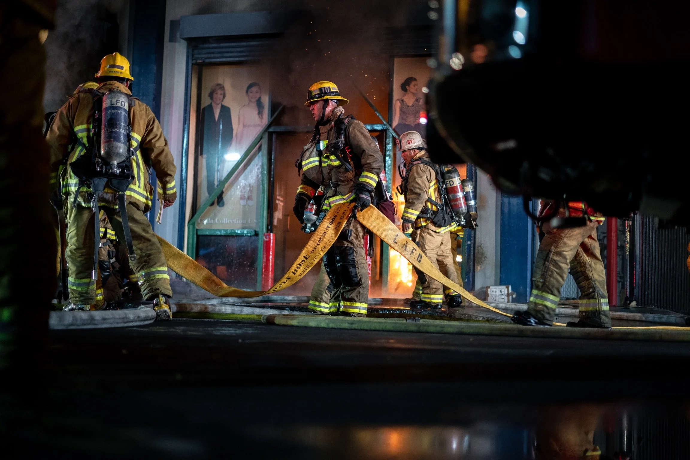  Members of LAFD battle a structure fire in Downtown Los Angeles. 