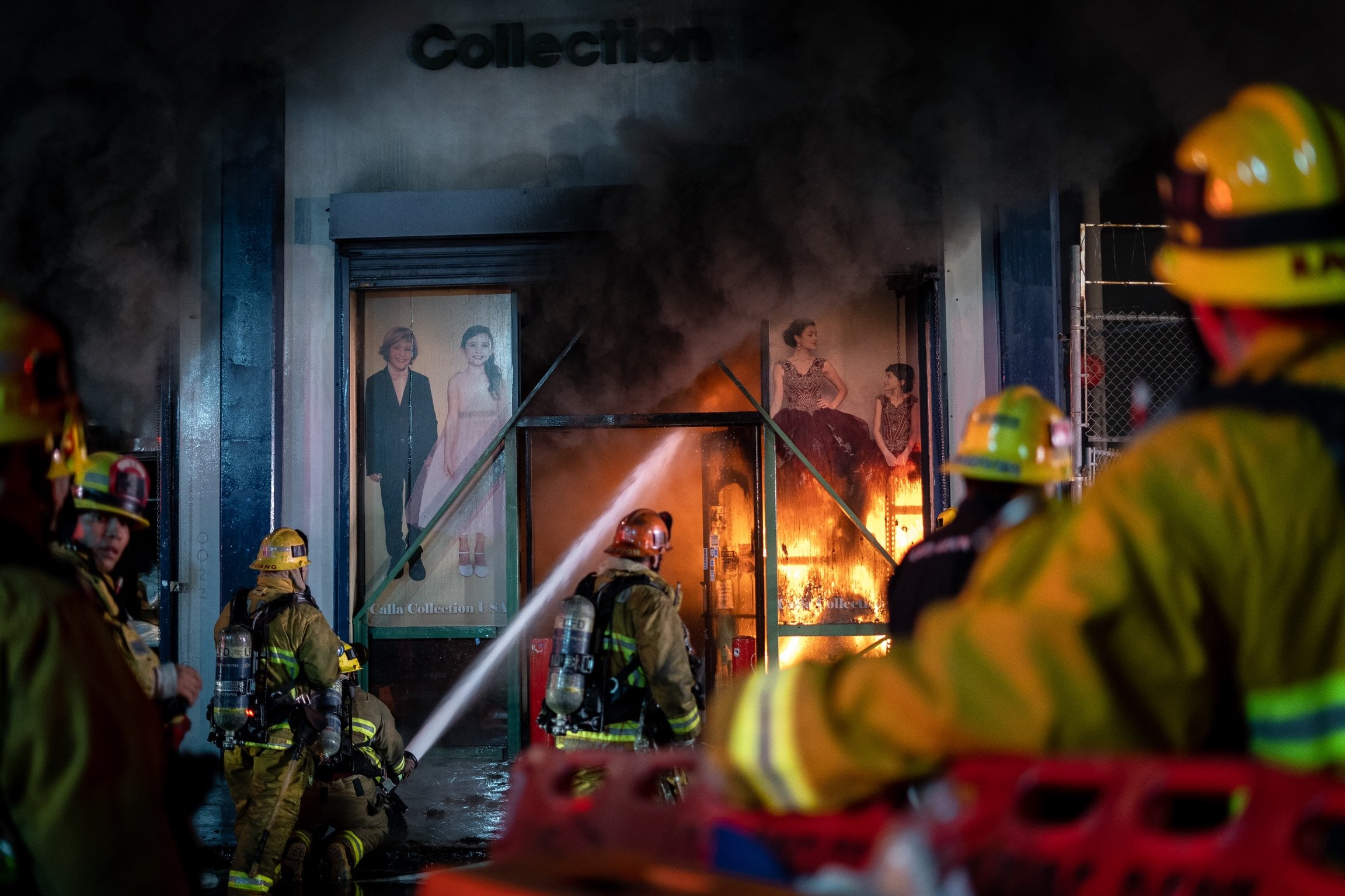  Members of LAFD battle a structure fire in Downtown Los Angeles.   
