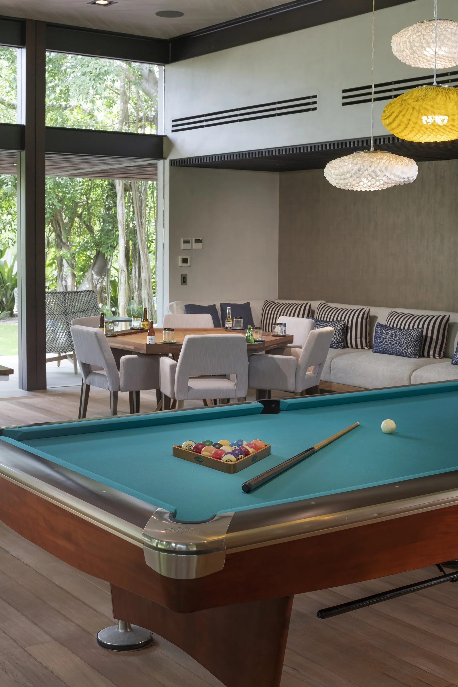 The Brunswick Gold Crown V billiards table, racked and ready