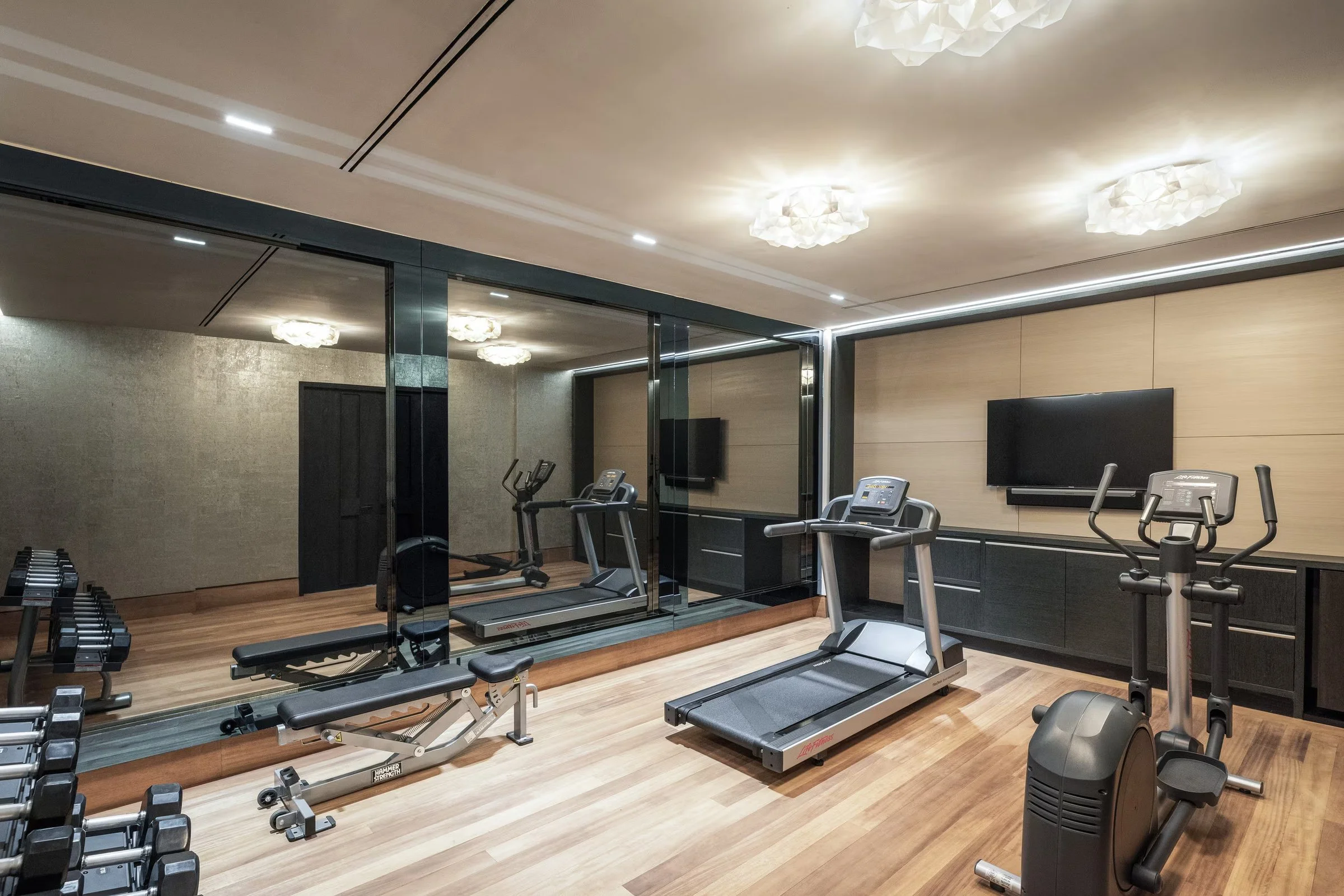 The fitness suite with treadmill, elliptical and free weights