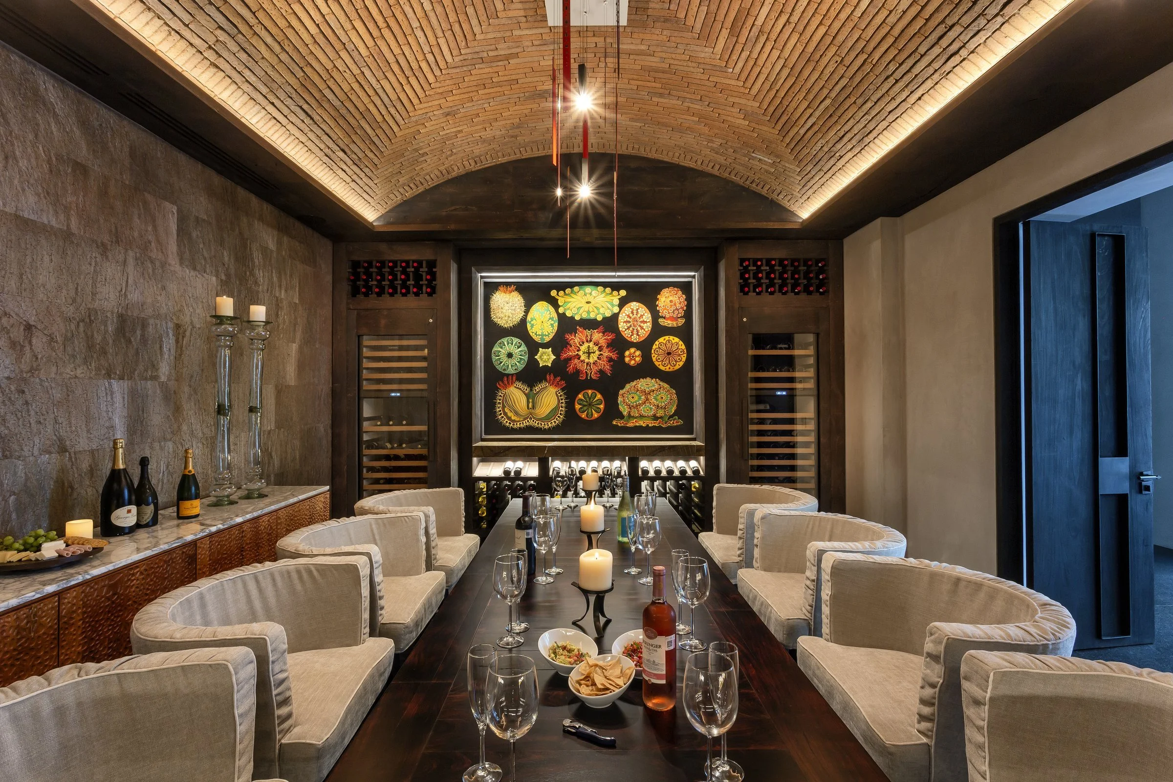 The vaulted wine cellar, table set for ten