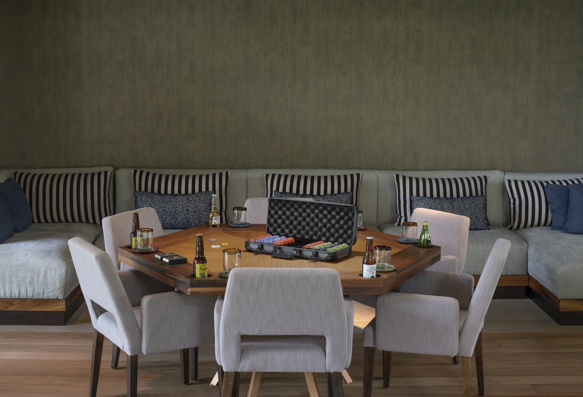 The six-player card table set for poker night
