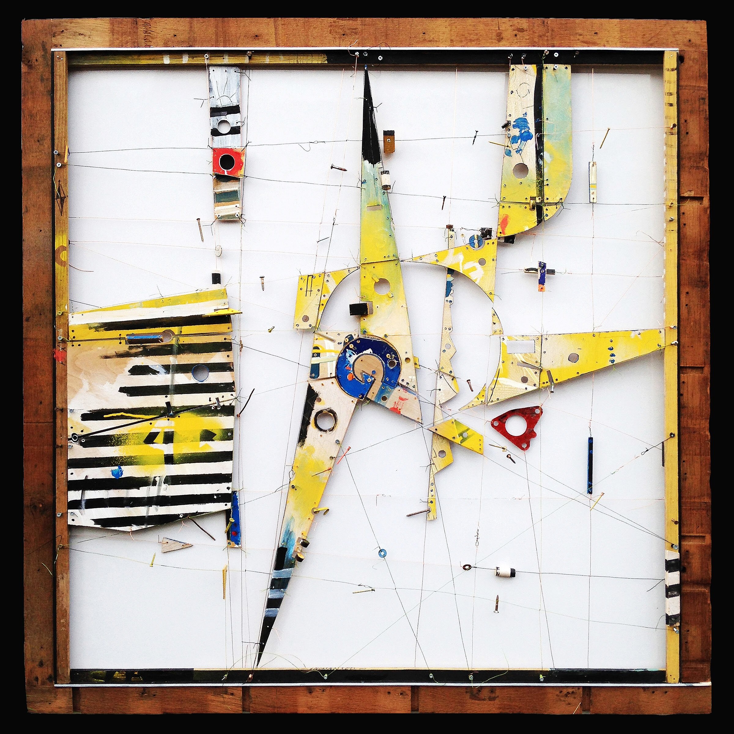 Gold O'Clock, acrylic on wood, wire, and miscellaneous hardware, 52" x 52"
