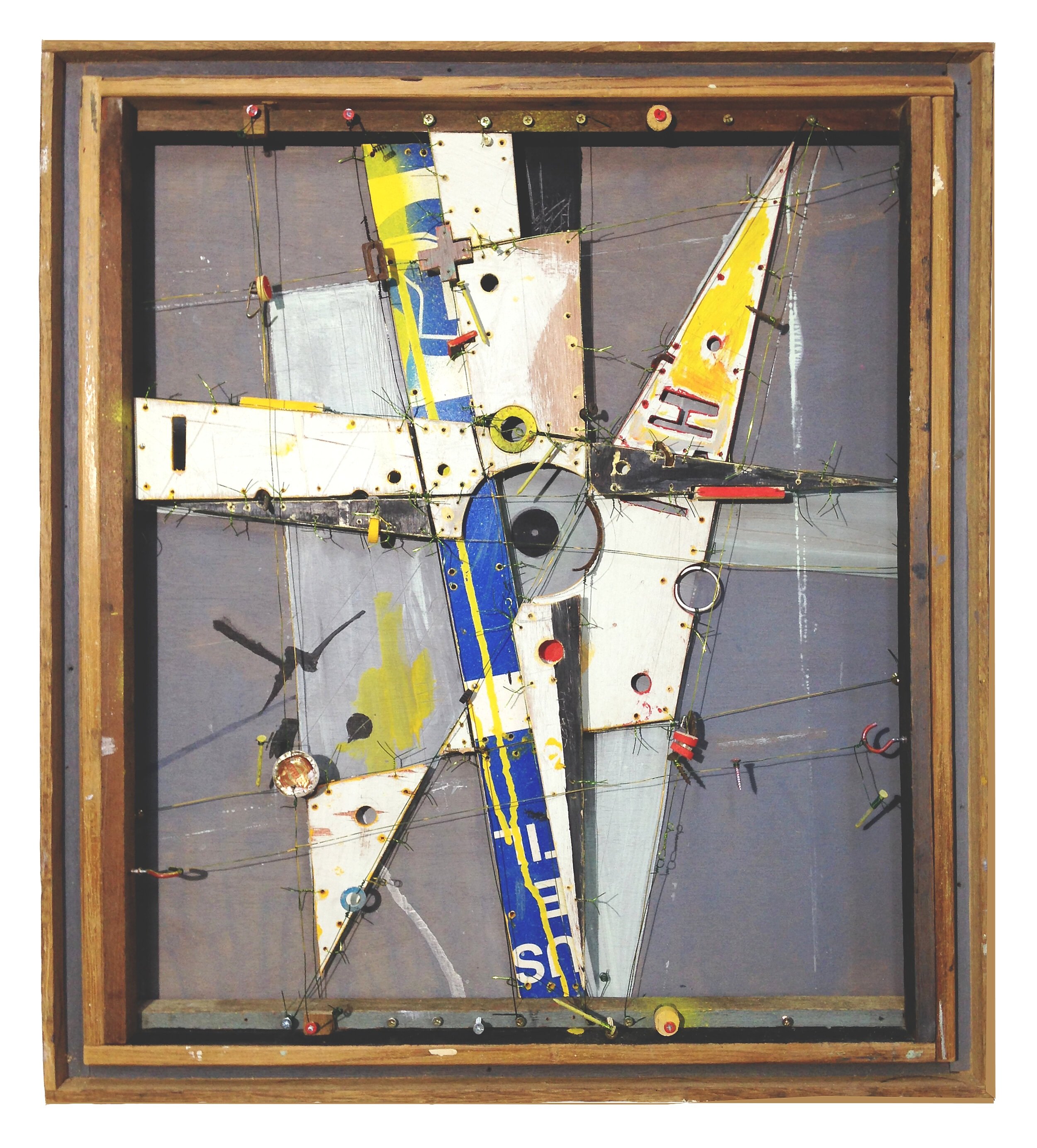Frank Lloyd Wright's Bad Dream, acrylic on wood, wire, and miscellaneous hardware, 25" x 22" x 4"