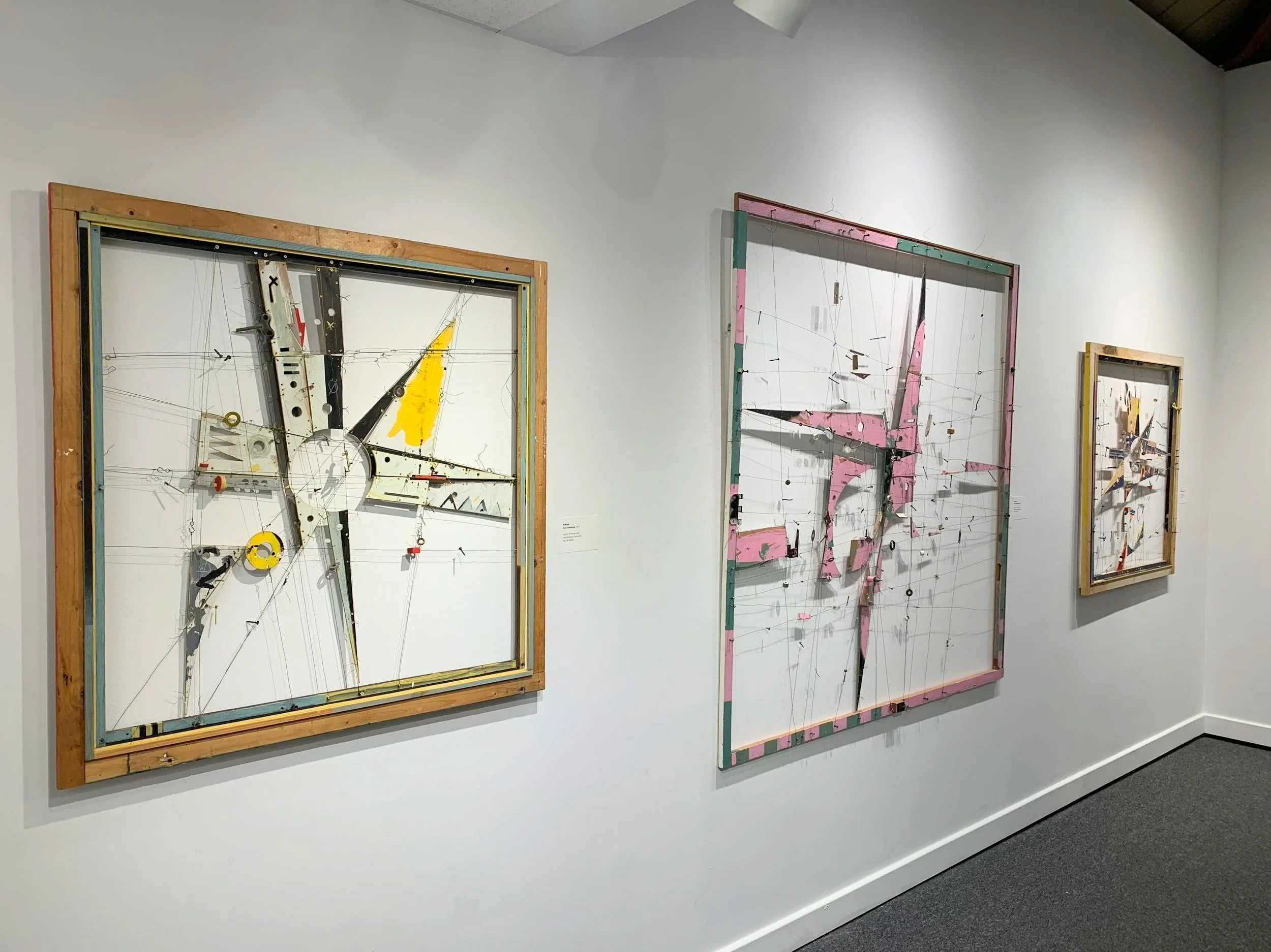 Installation view of three wire paintings at Pelham Art Center, 2023