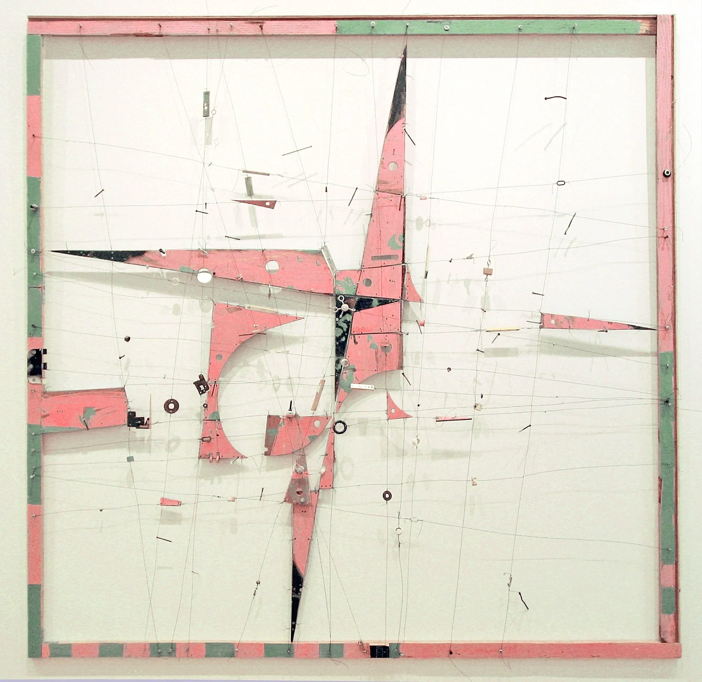 Pink & Green, acrylic on wood, wire, and miscellaneous hardware, 63" x 63"