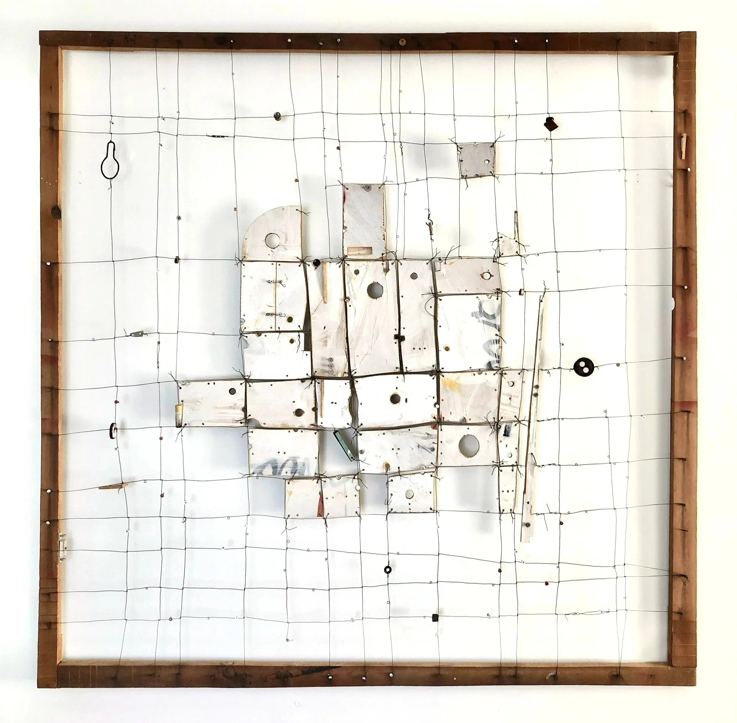 Improper Gesture, acrylic on wood, wire, and miscellaneous hardware, 48" x 48"
