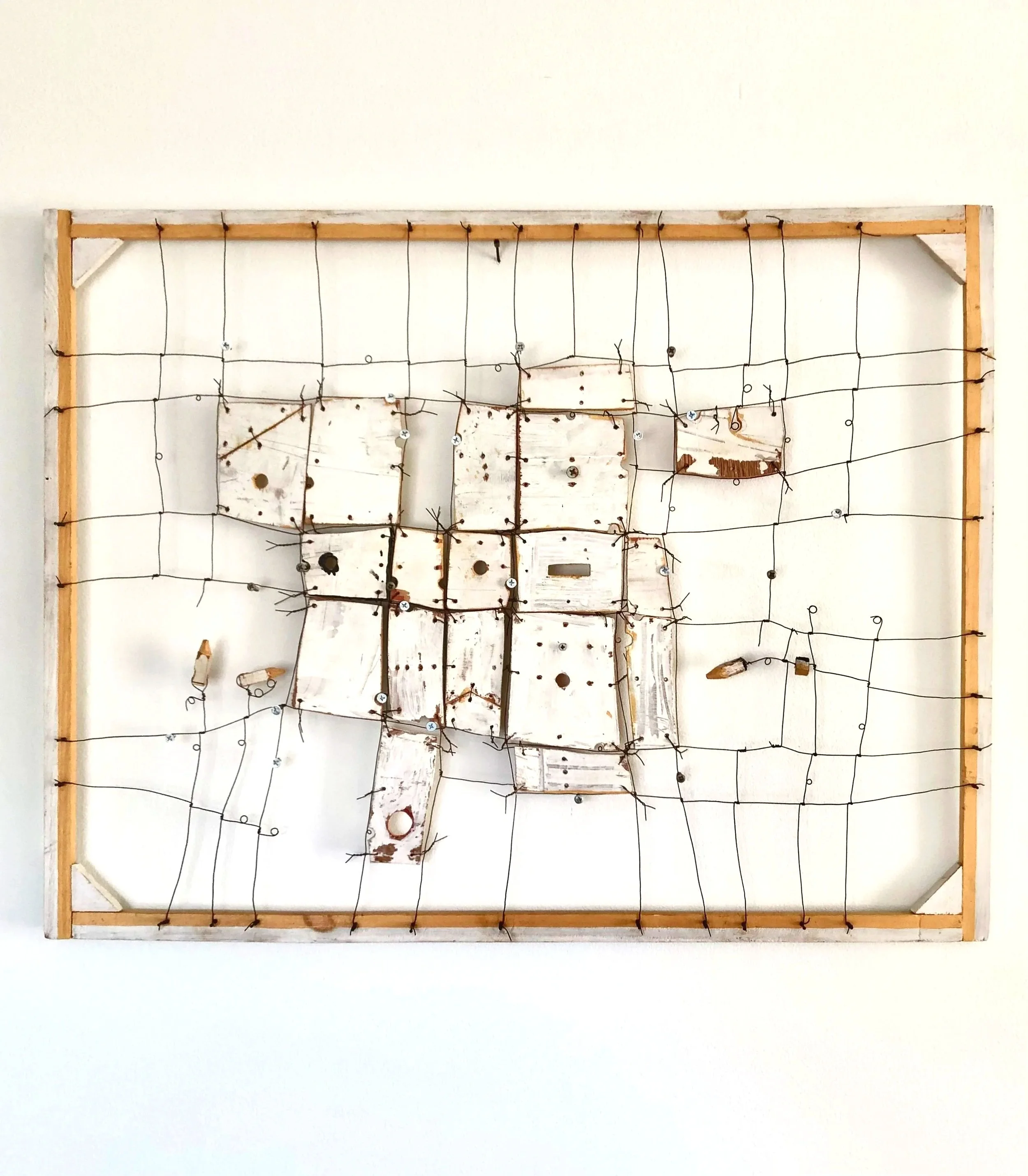 Route 3, acrylic on wood, wire, and miscellaneous hardware, 21" x 26"