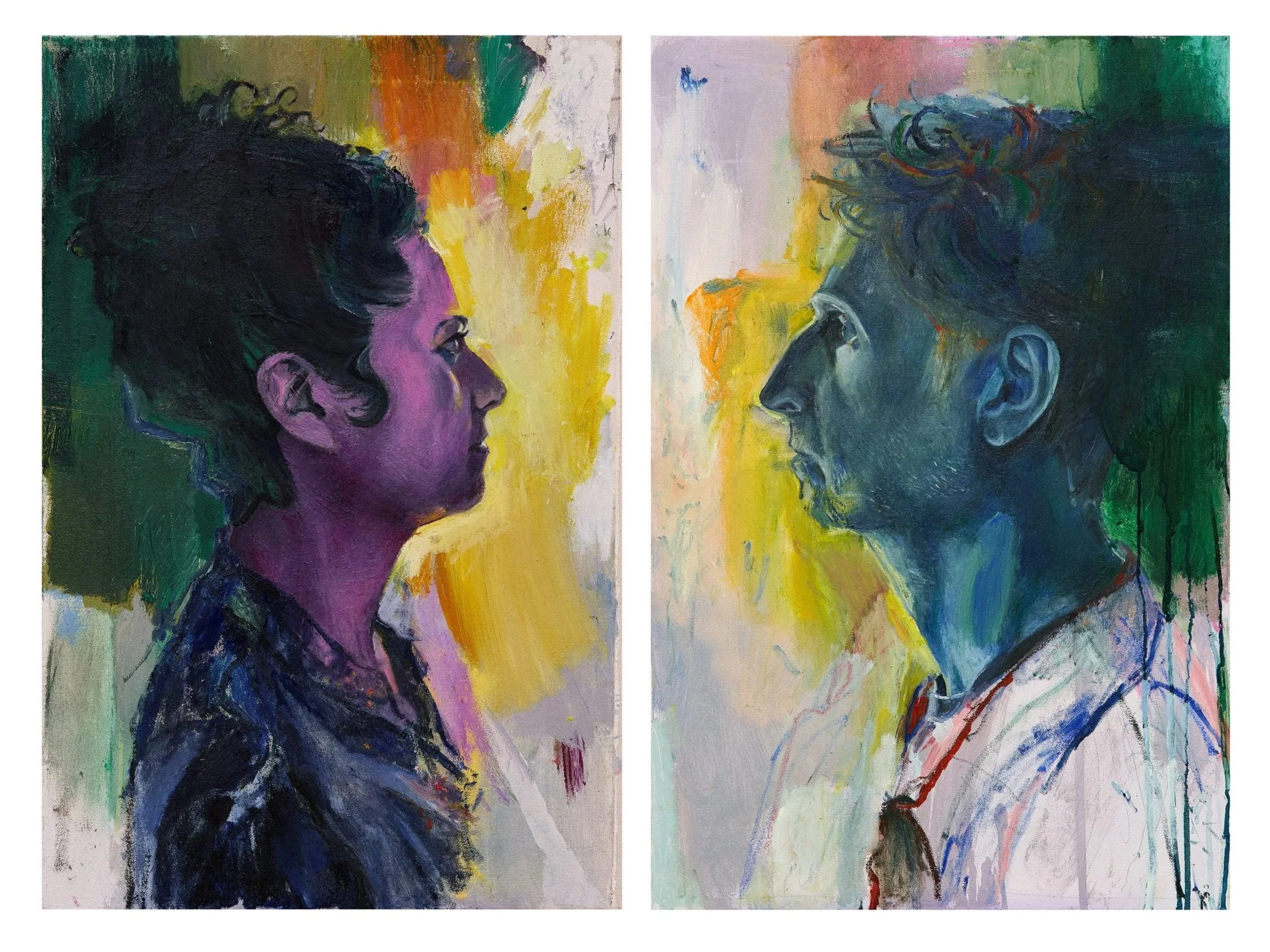 Diptych of a Married Couple Who Had No Earthly Right to Meet, oil on canvas, 27" x 36" (2 panels each 27" x 18")