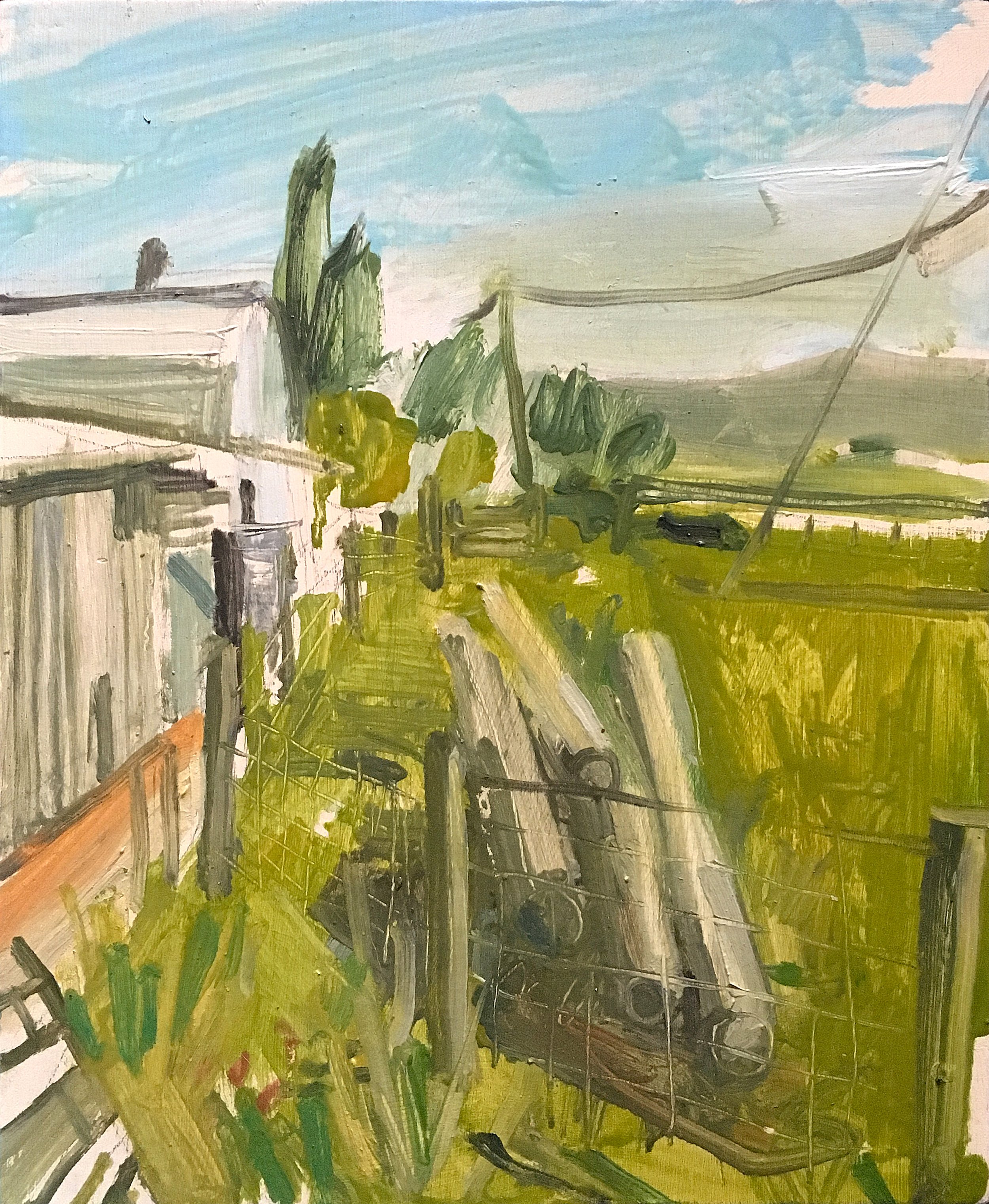 Sheds & Poles, oil on panel, 9" x 7"