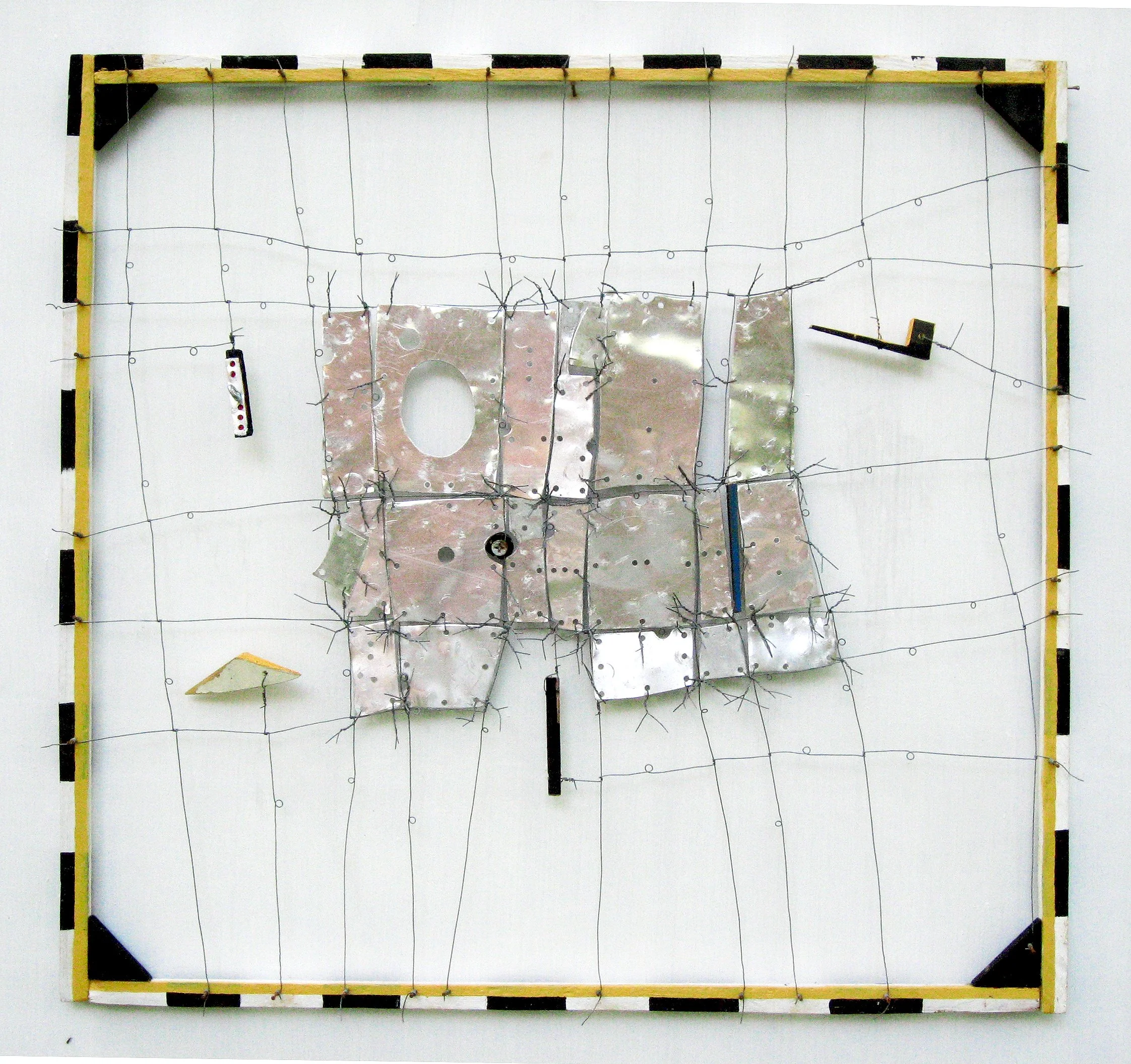 Metal Island, acrylic on wood, aluminium, wire, and miscellaneous hardware, 19"" x 24"