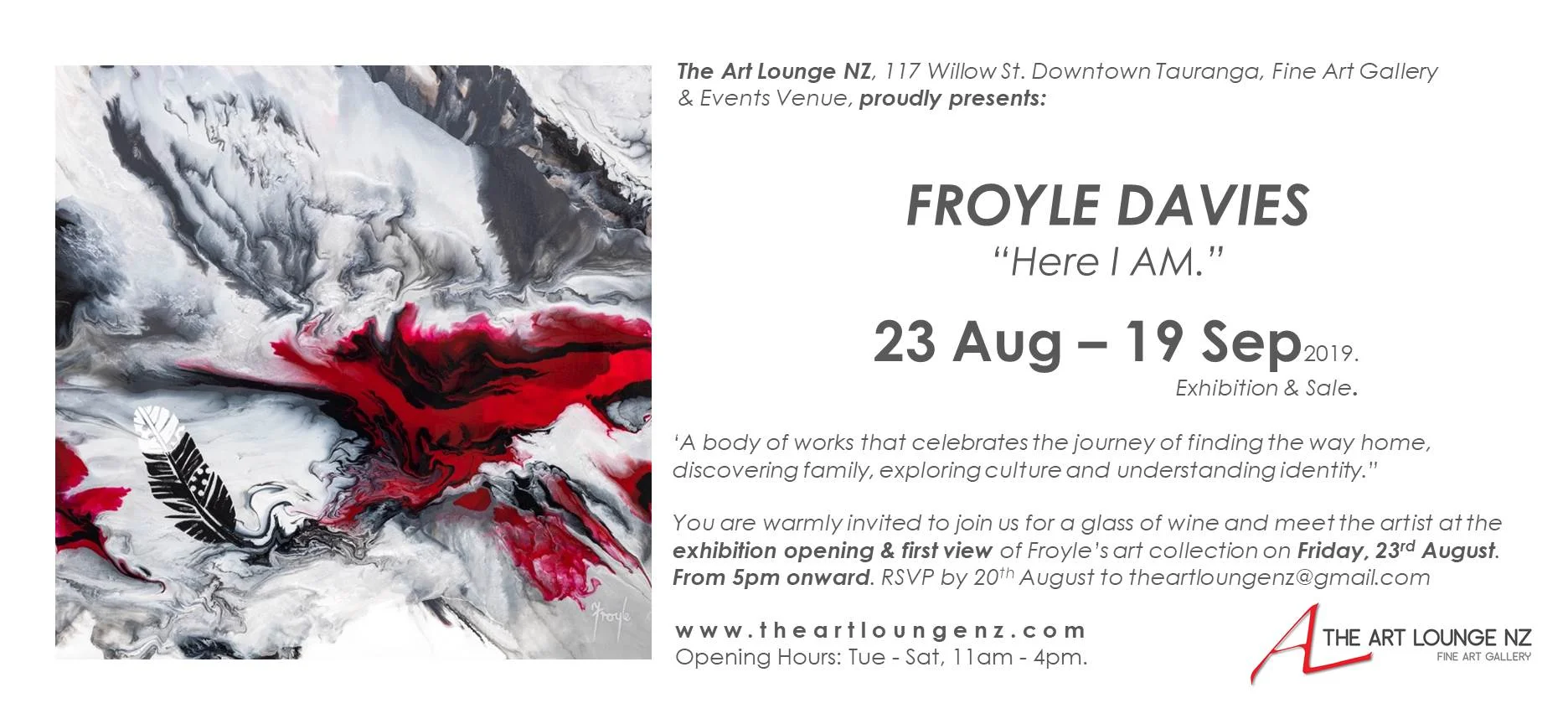 FROYLE DAVIES Exhibition Here I AM 23 Aug to 19 Sep 2019 at The Art Lounge NZ Invitation.jpg