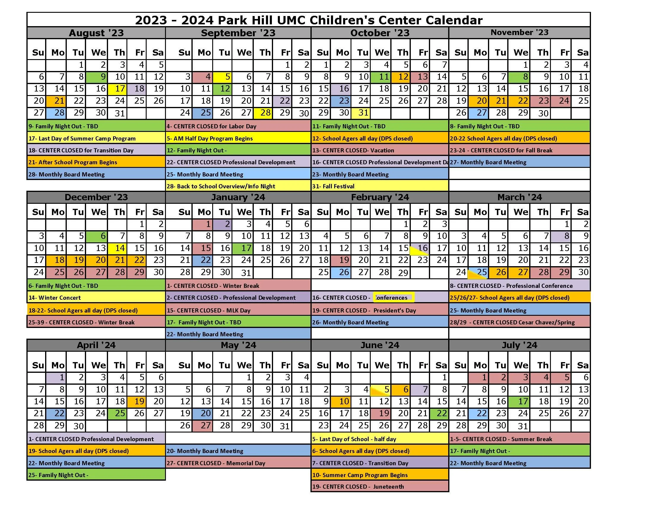 Calendar — The Children's Center at Park Hill United Methodist Church