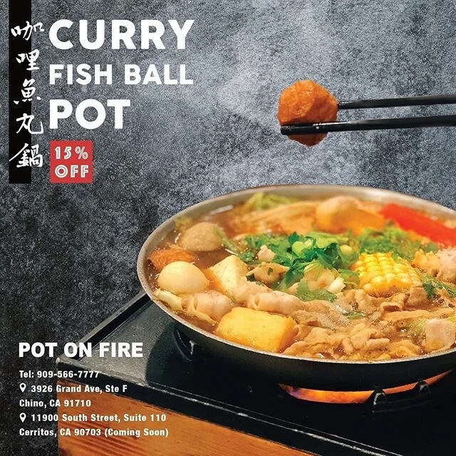 A perfect pot for all the spice lovers out there! Curry Fish Pot is a hot and delectable dish that will leave your taste buds tingling for more!
-
All the call in &amp; pick up To-Go Orders are 15% off! (call 909-566-7777 to place your order)
-
You c