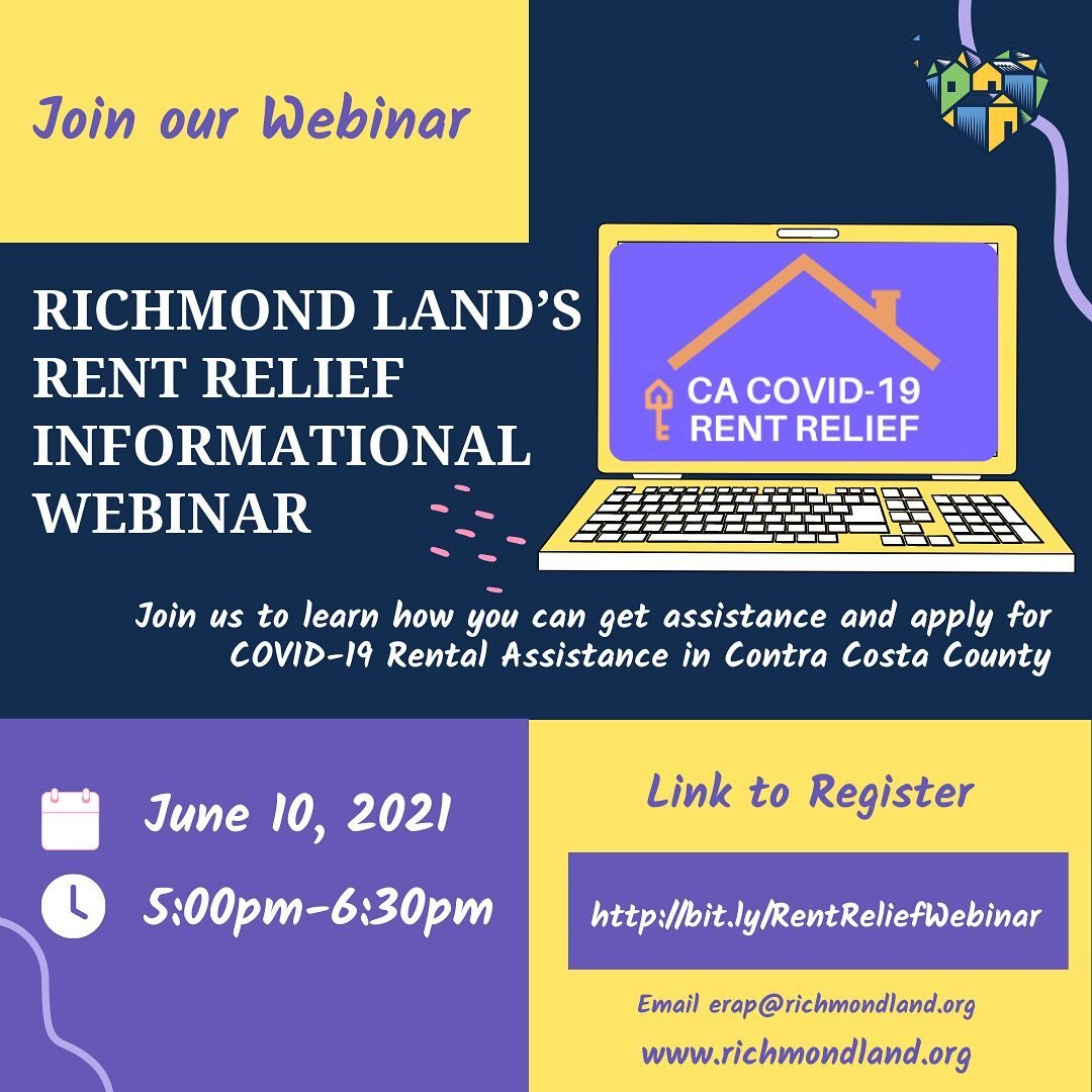 🗓This Thursday!
Join us for our second Emergency Rental Assistance Program (ERAP) Webinar at 5:00pm 

🏡Learn how you can get assistance and apply for COVID-19 Rental Assistance in Contra Costa County

🔗To register: http://bit.ly/RentReliefWebinar

