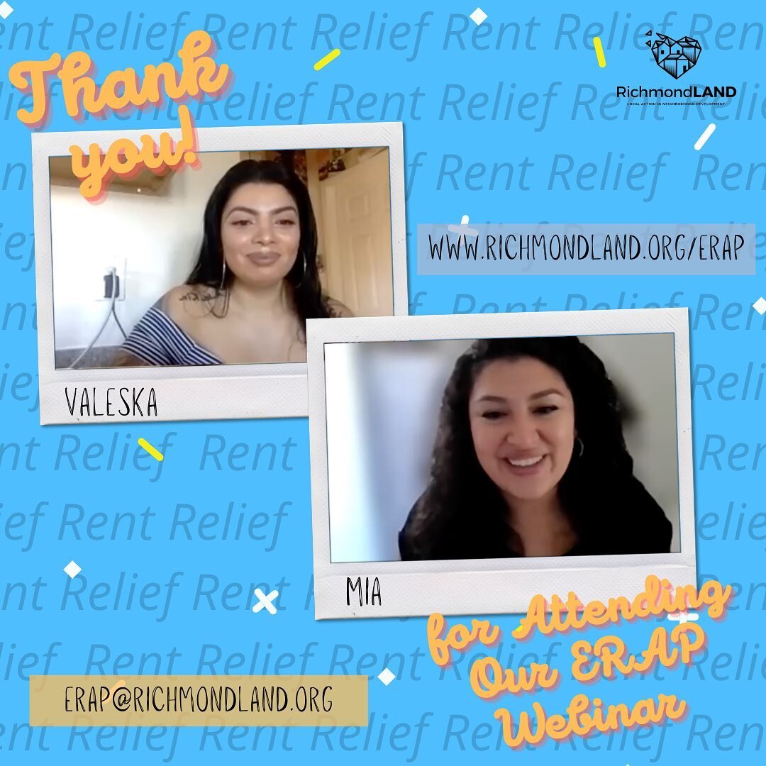 🤗Thank you for attending our Emergency Rental Assistance (ERAP) Webinar on June 10. Pictured above is Valeska and Mia, each have facilitated one of our ERAP webinars. 

📑We will be sending out information to everyone who attended the webinars soon.