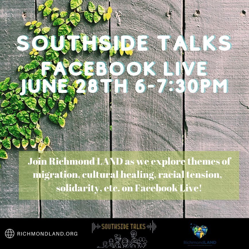 💛SOUTHSIDE TALKS is going LIVE on Facebook!

A conversation facilitated by Ciera Javae &ldquo;Cici&rdquo; Gordon, Homecoming Artist-in-Residence at Richmond LAND. 

🗓Join us on Monday, June 28 from 6pm-7:30pm

✨We will explore themes of migration, 