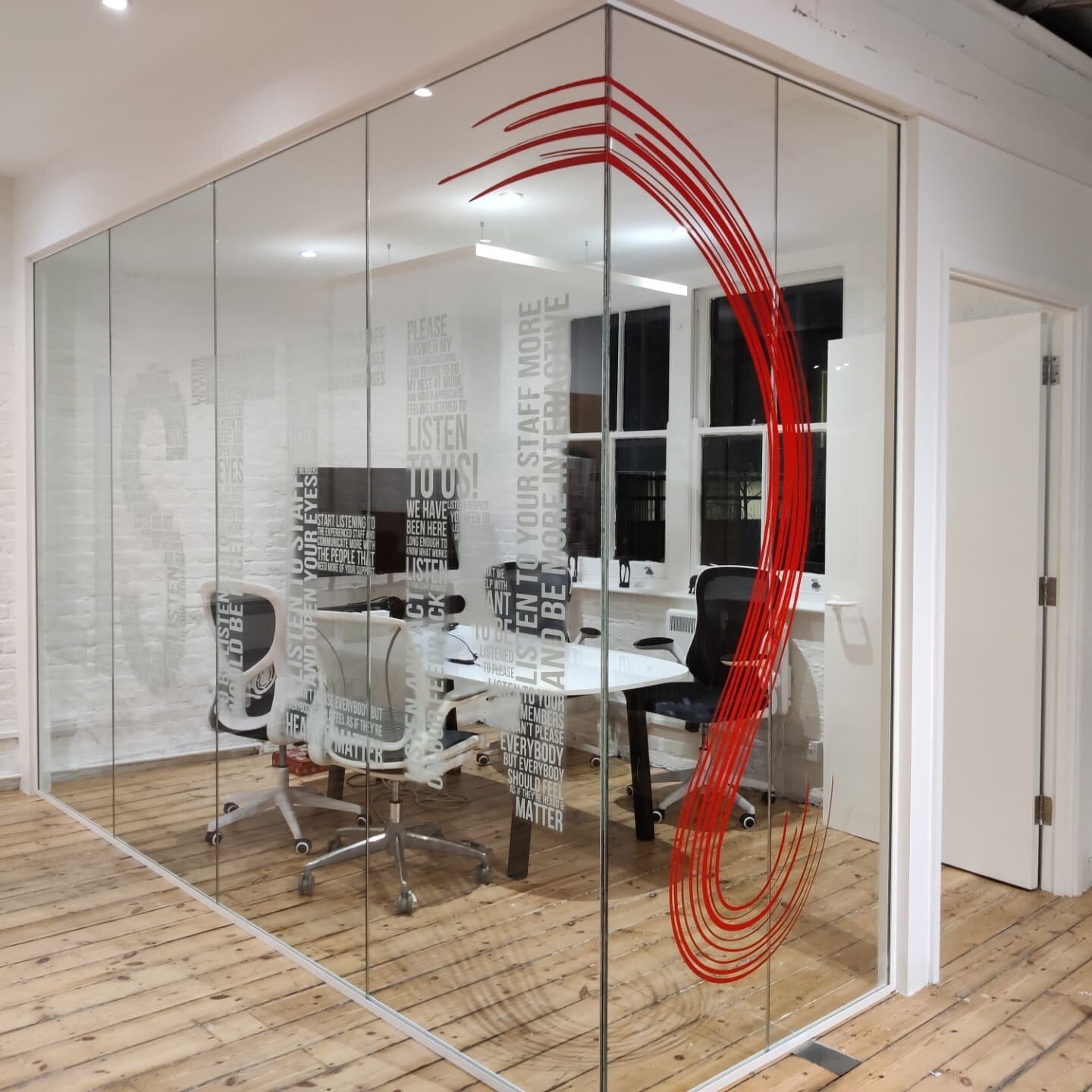 A New Year with a new office installation. Etch effect printed on clear, with a clear message. Designed by Grace @Blink #listen #etch #etcheffect #frost #londonoffice #windowfilm #design #officedecor #meetingroom #london #vinyl #graphics