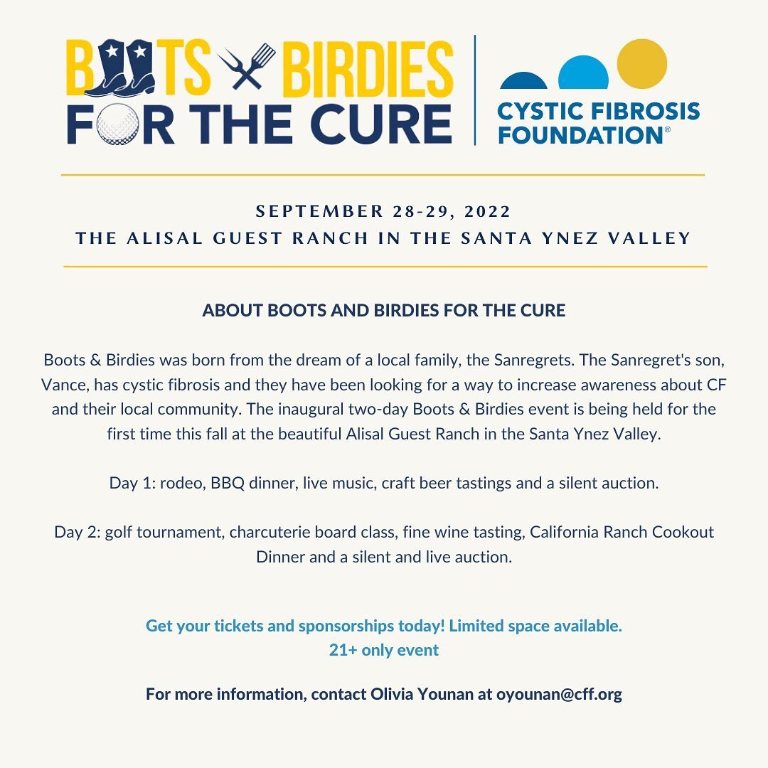 Join us for our first ever event in the Santa Ynez Valley! Boots &amp; Birdies For The Cure is being held at the beautiful Alisal Ranch on Sept. 28-29, 2022! ⛳️🍴🍻 🍷 

Golf, BBQ, Beer and Wine! Tickets and sponsorships available now. Link in bio!
.