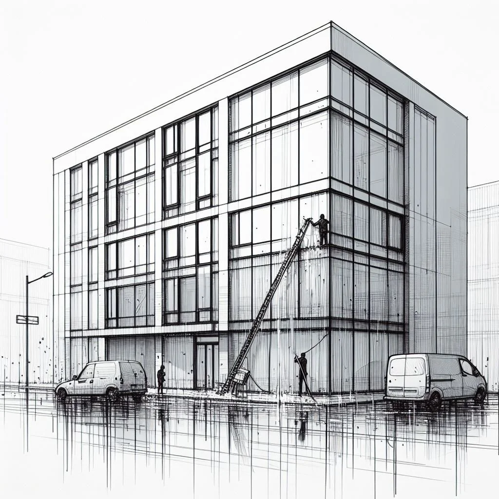 Sketch of a modern multi-story building with large glass windows, featuring two workers cleaning the windows, and parked cars in front.