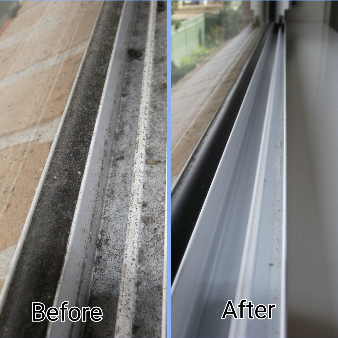 Comparison of a window track before and after cleaning. The left side shows a dirty, dusty window track, while the right side shows a clean, shiny window track.