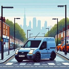 Pixel art city street scene with a blue van driving across a crosswalk, surrounded by row houses, parked cars, trees, street lamps, and a skyline with tall buildings in the background.