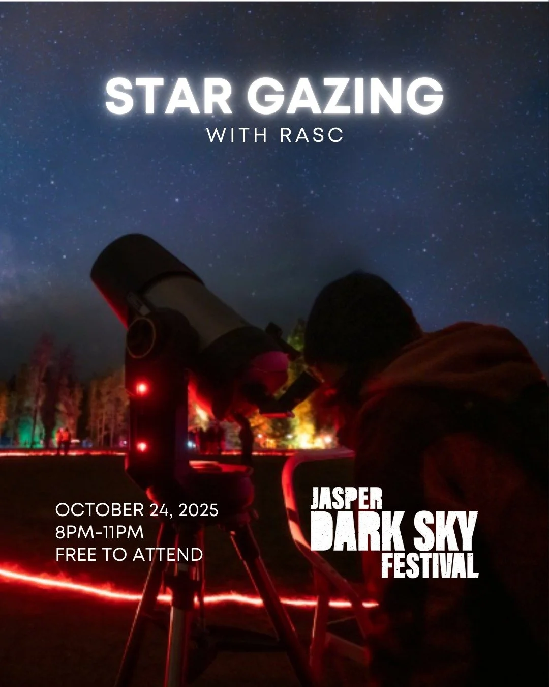 ✨ Ever wanted to travel lightyears without leaving Jasper? ✨

Join astronomers from the @rascedmonton &ndash; as they set up telescopes for a cosmic tour: the Moon, planets, distant nebulas, galaxies&mdash;and a few surprises (weather permitting 🌌).